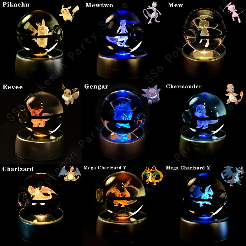 Pokemon Crystal Ball Night Light - 3D Pikachu, Gengar, Mew and Mewtwo Lamp Base, Glass Pokeball Figure, Birthday Gift