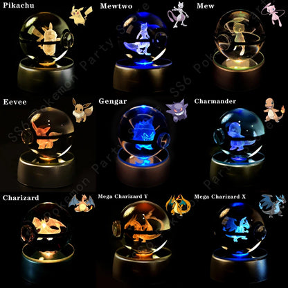 Pokemon Crystal Ball Night Light - 3D Pikachu, Gengar, Mew and Mewtwo Lamp Base, Glass Pokeball Figure, Birthday Gift