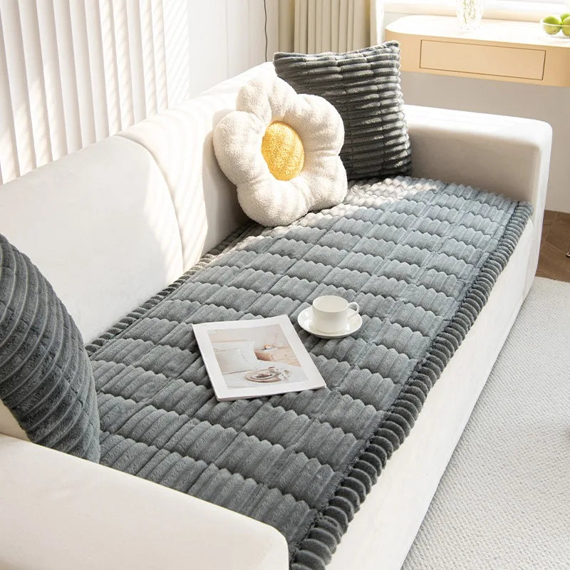 Thick Quilted Stripe Flannel Sofa Pad – Warm Multiuse Winter Sofa Cover, Towel & Slipcover for Living Room