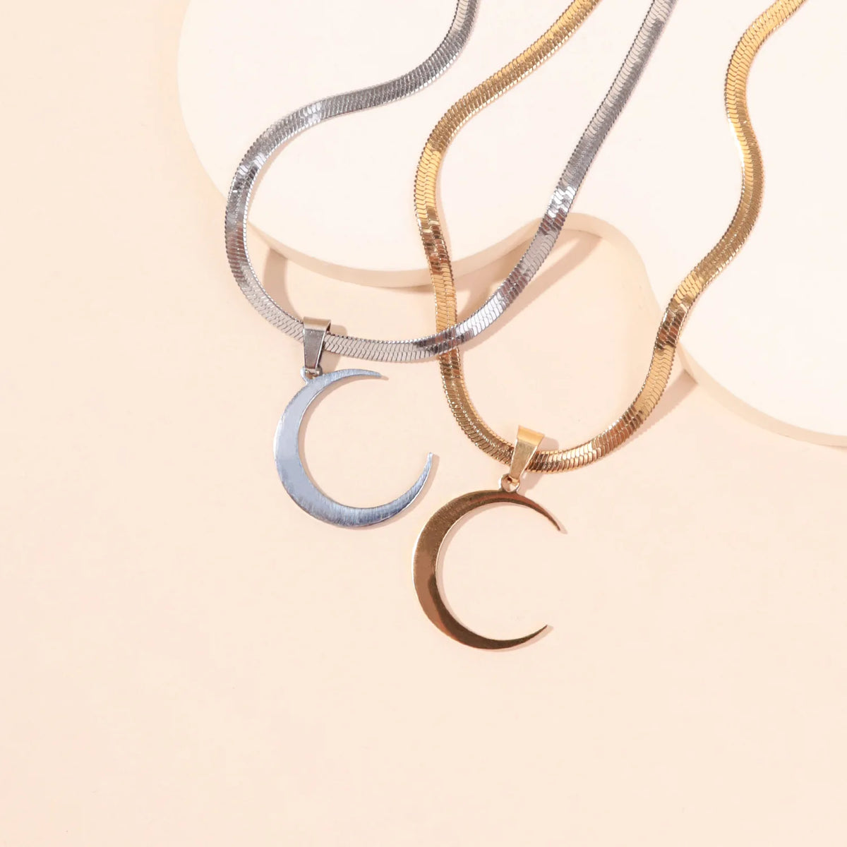 Stainless Steel Crescent Moon Pendant Necklace - Curved Horn-Inspired Flat Blade Snake Chain Jewelry for Women