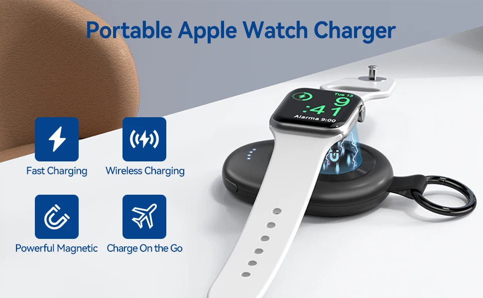 Portable Wireless Charger for Apple Watch Series 2-9 & SE/Ultra – Travel Power Bank Keychain Spare Battery