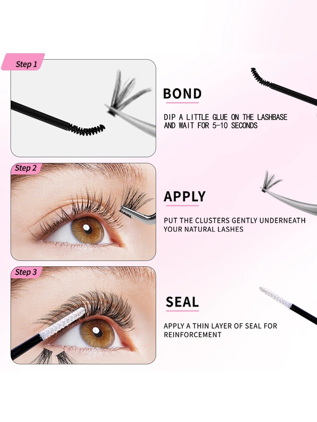 DIY Eyelash Extension Kit – Individual Lash Clusters (8-16mm) with Bond, Seal & Applicator