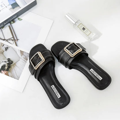 Women’s Flat Slippers — Summer Leather Square Toe Flats, Designer Slides & Luxury Sandals