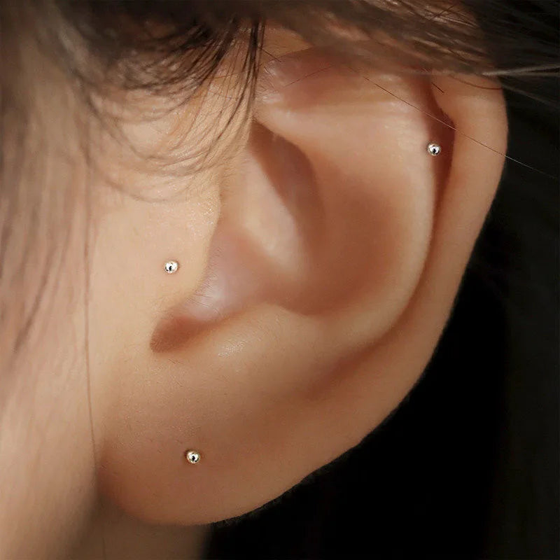 2PCS Silver Needle Ball Stud Earrings for Women – Tiny Round Ear Piercing Jewelry
