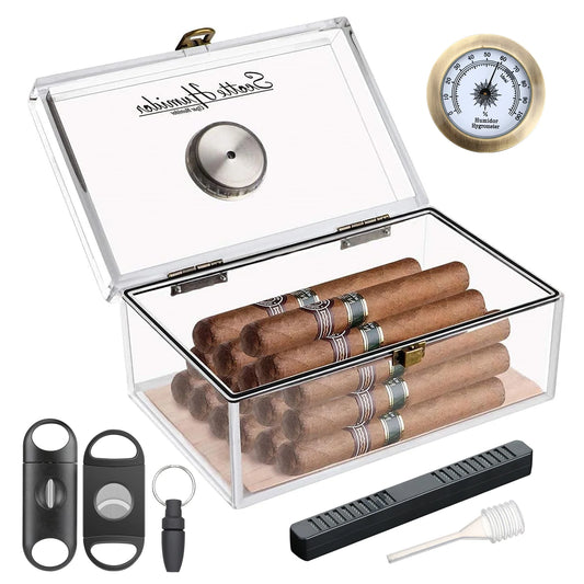 Scotte Acrylic Cigar Case Humidor – Holds 20 Cigars, Includes Hygrometer, Humidifier, Cigar Cutters, Punch & Accessories