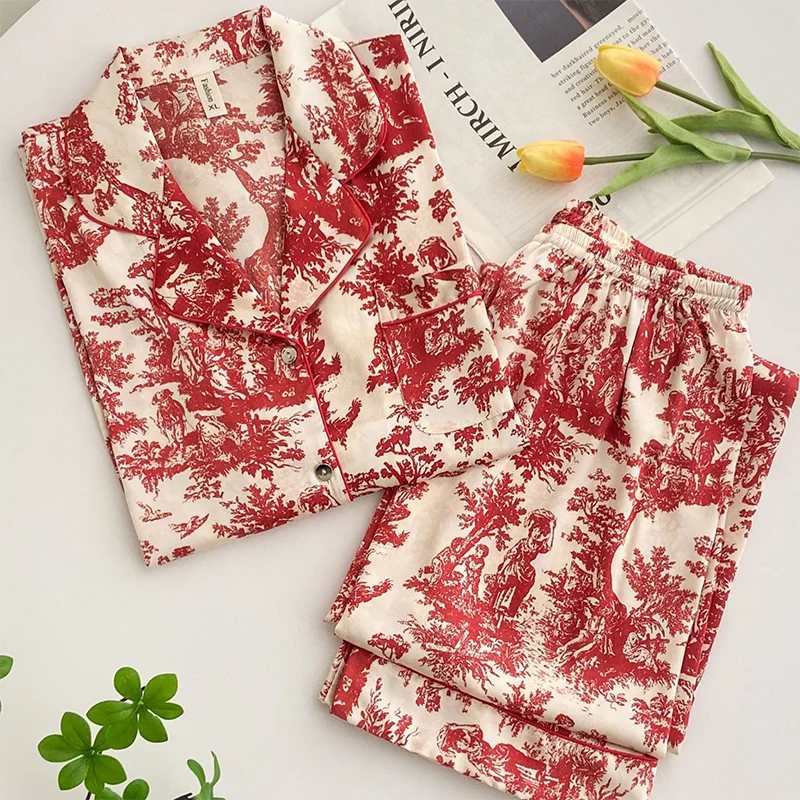Fashion Floral Print Satin Pajamas Set for Women – Spring Summer Loose Sleepwear Loungewear Homewear Suit