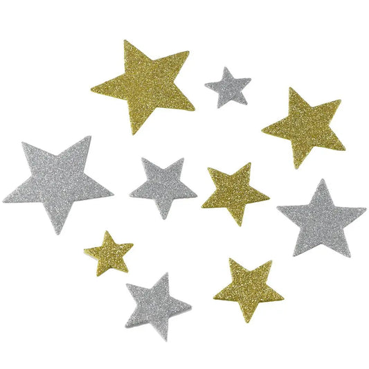 200Pcs Glitter Star Foam Stickers Set – Self-Adhesive 4 Sizes (2.5–5.5cm) Silver & Gold Sparkle Stars for DIY Crafts & Decoration