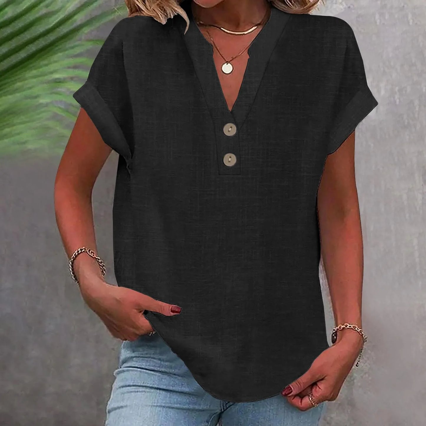 Women’s Cotton Linen Button-Down V-Neck Shirt – Breathable Solid Color Summer Office Casual Top 2025