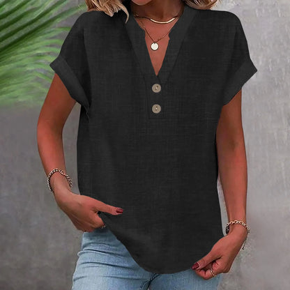 Women’s Cotton Linen Button-Down V-Neck Shirt – Breathable Solid Color Summer Office Casual Top 2025