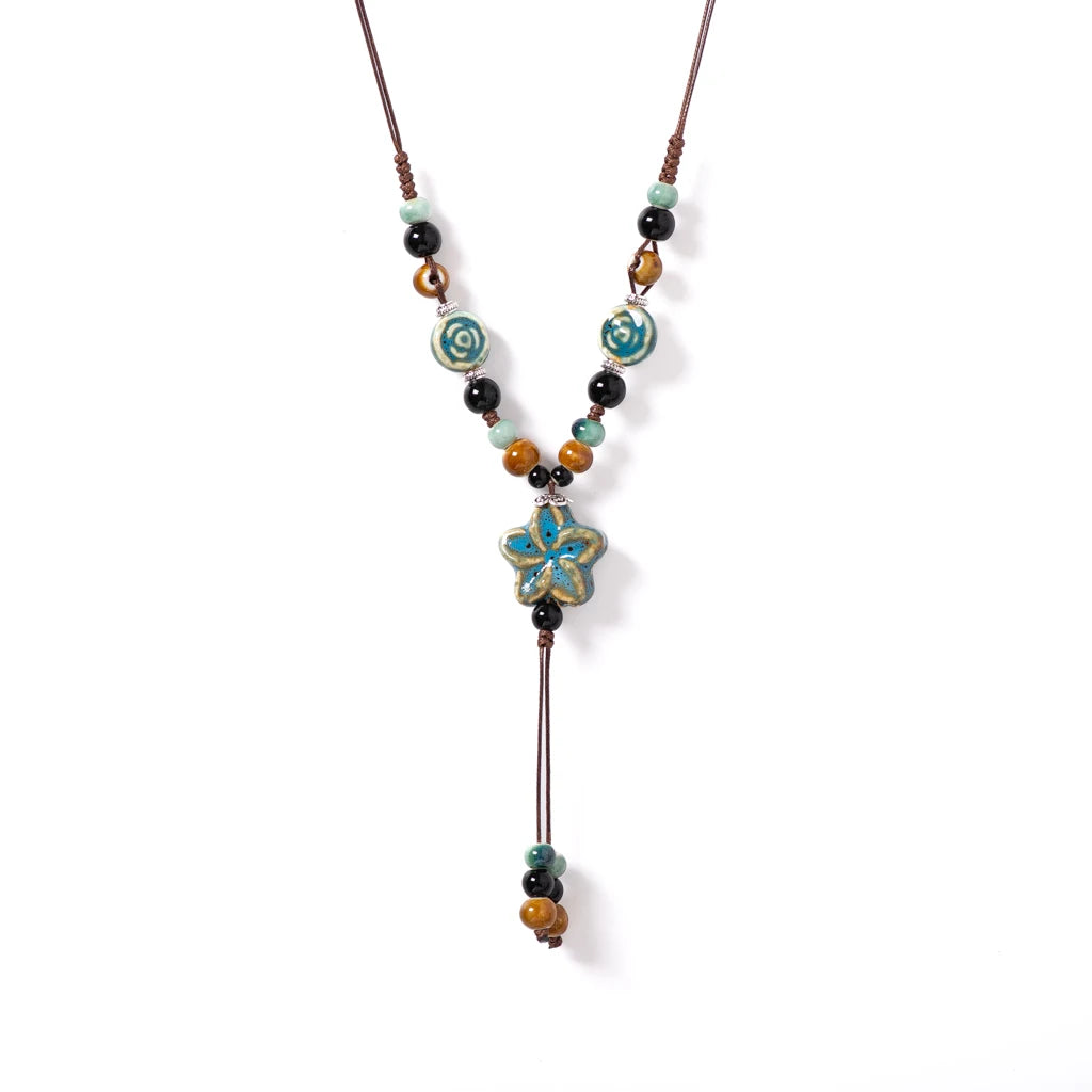 Handmade Ceramic Star Pendant Necklace - Adjustable Long Boho Blue Gem Jewelry for Women