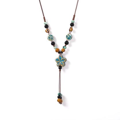 Handmade Ceramic Star Pendant Necklace - Adjustable Long Boho Blue Gem Jewelry for Women