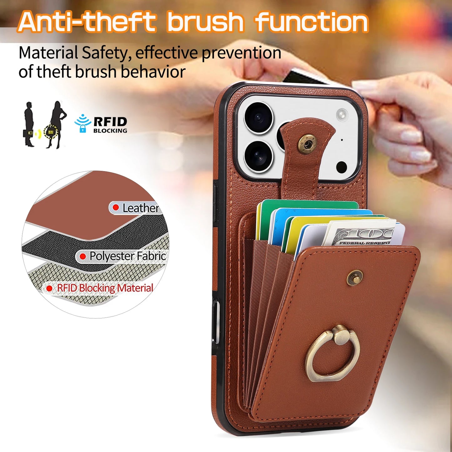 Leather Crossbody Wallet Phone Case with Zipper Card Slots – Lanyard Ring Holder Cover for iPhone 17/16/15/14/13/12/11 Pro Max & Plus