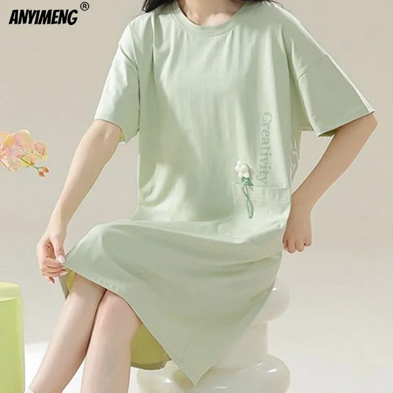 100% Cotton Women's Nightgown - Plus Size M-4XL Short Sleeve Summer Sleepshirt