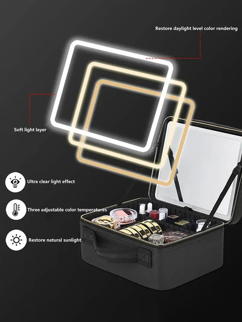 Smart LED Cosmetic Case with Mirror, Large Capacity Travel Makeup Bag for Women, Skincare & Beauty Organizer