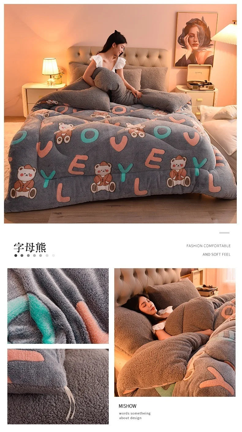 Plush Winter Lamb Velvet Quilt – Thickened Cotton, Double-Sided Warm Lamb Wool Blanket for Single & Double Beds
