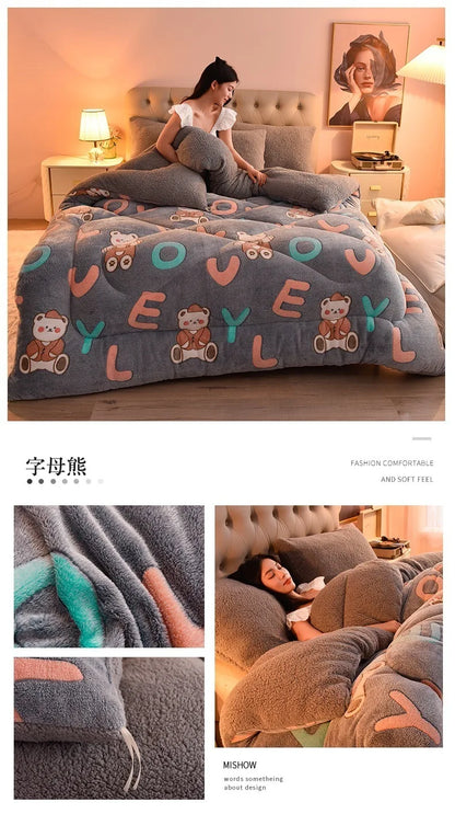 Plush Winter Lamb Velvet Quilt – Thickened Cotton, Double-Sided Warm Lamb Wool Blanket for Single & Double Beds