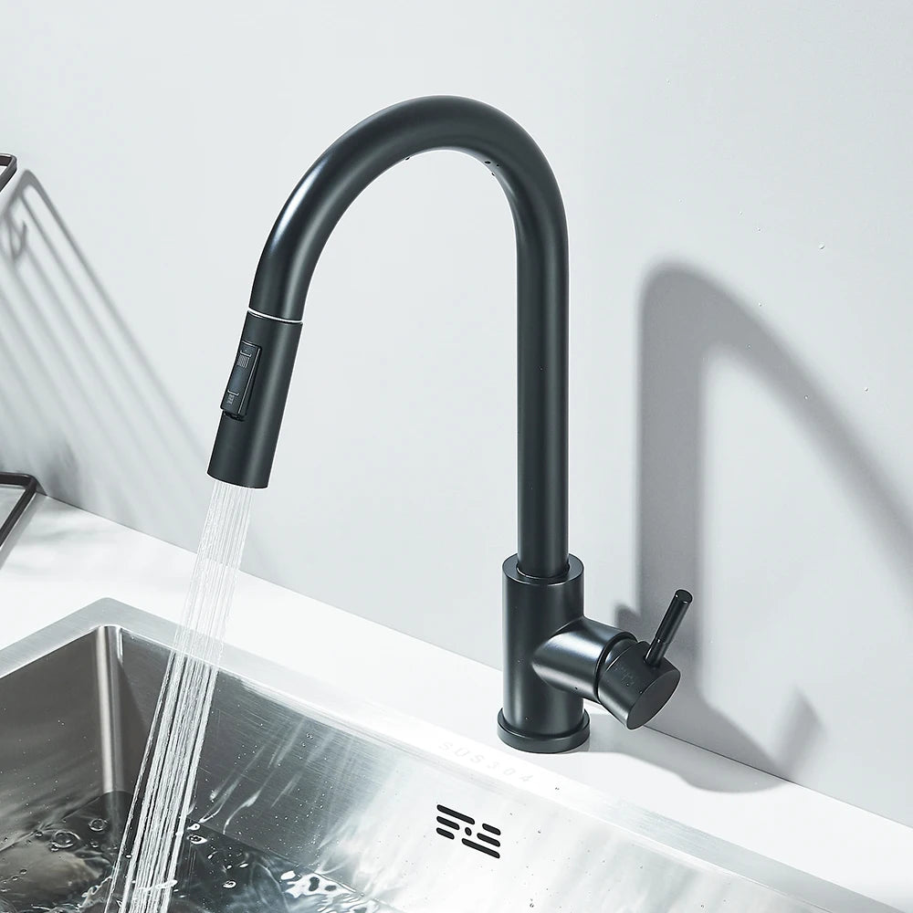 Black Pull-Out Kitchen Faucet - Deck Mounted, Flexible Hot & Cold Water Sink Mixer Tap with Stream & Shower Modes Nozzle