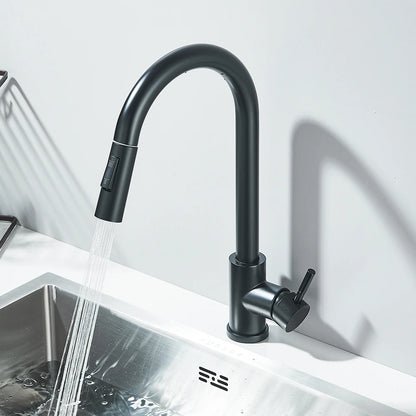 Black Pull-Out Kitchen Faucet - Deck Mounted, Flexible Hot & Cold Water Sink Mixer Tap with Stream & Shower Modes Nozzle