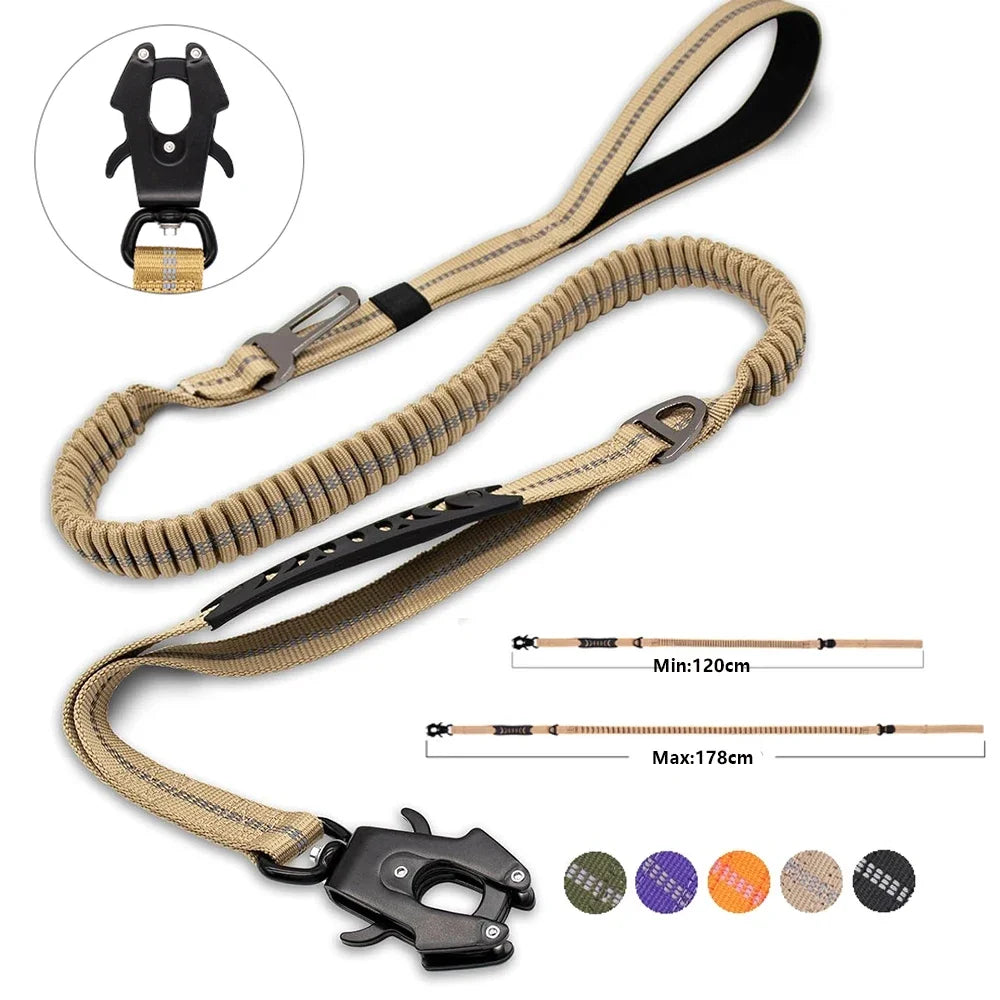 Reflective Shock-Absorbing Dog Leash – Heavy-Duty Tactical Bungee Leash with Car Seatbelt for Large Dogs, No-Pull Pet Leash