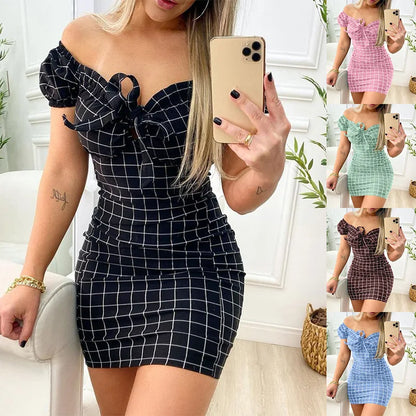 Summer Sexy Package Buttocks Dress - Cross-Border Grid Print Short Skirt