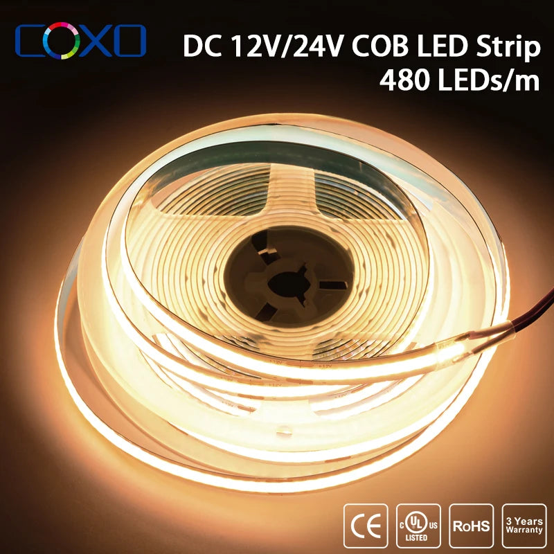 UL Listed COB LED Strip Light - 16.4ft High-Density Flexible Tape Light, DC12V/24V, 3000K-6500K, RA90