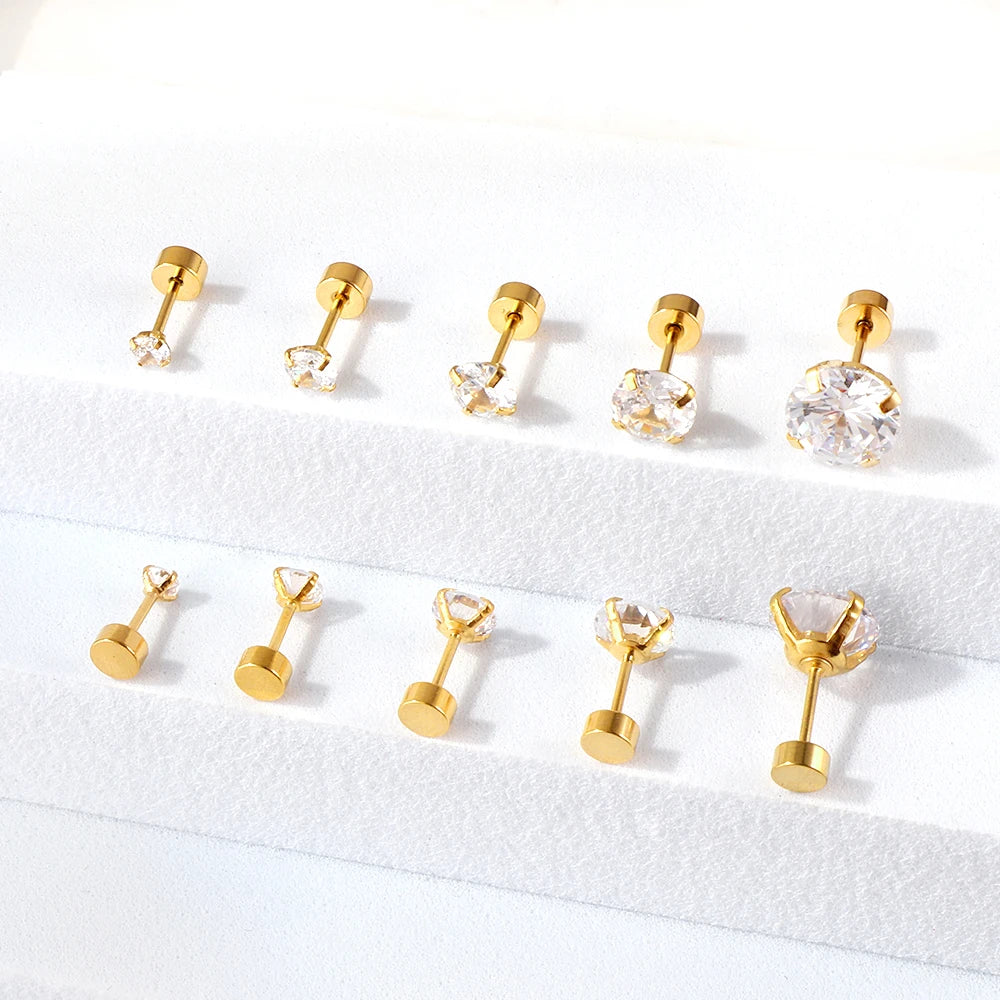LUXUSTEEL Stainless Steel Crystal Stud Earrings –  4-Prong Cubic Zirconia Round Tragus Earrings for Women & Men