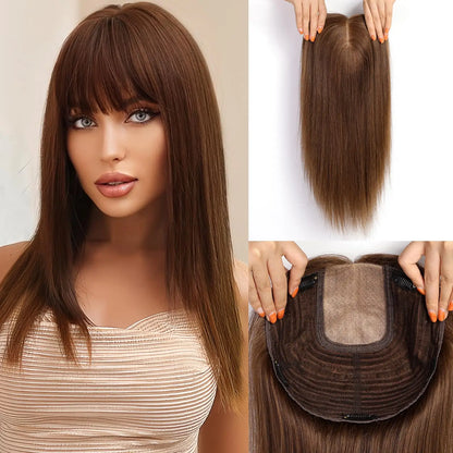 Brown Blonde Highlight Remy Human Hair Toppers – 16 Inch Straight Clip-In Silk Base Hairpiece for Women, Topper Hair Extensions