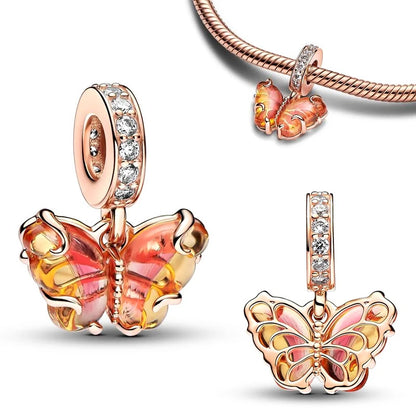 925 Silver Butterfly Dangle Charm – Blue & Yellow Glass for 3mm Original Bracelet, DIY Jewelry Gift