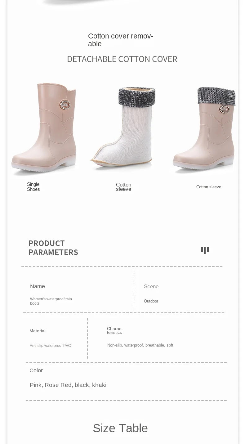 Women’s Fashion Mid-Tube Rain Boots – Wear-Resistant, Waterproof Rubber Shoes with Thick Sole, Non-Slip & Cotton Lining