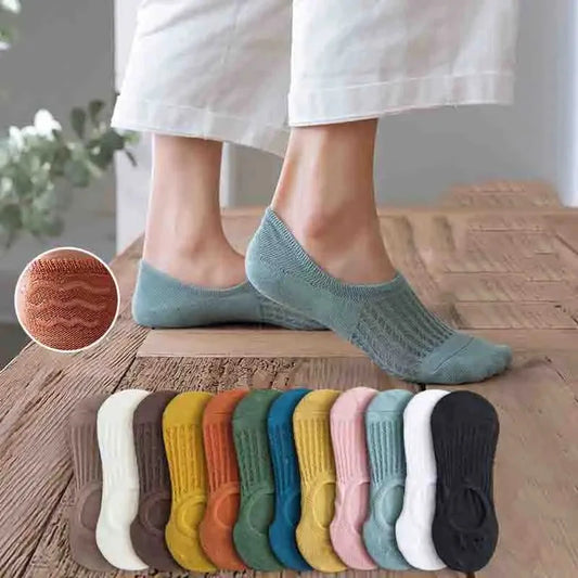 5 Pairs Women's Silicone Invisible Boat Socks - Summer Solid Color Ankle Socks, Soft Cotton Slipper, Size 35-40 EUR