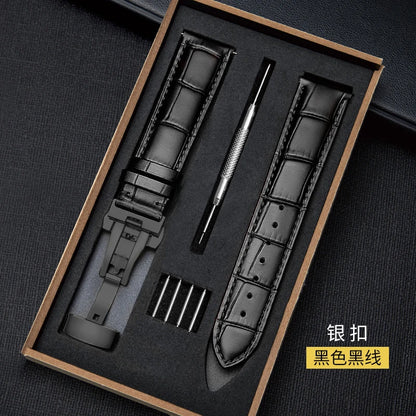 Genuine Leather Watch Strap with Wooden Box – Butterfly Clasp Bracelet 18-24mm Wristband