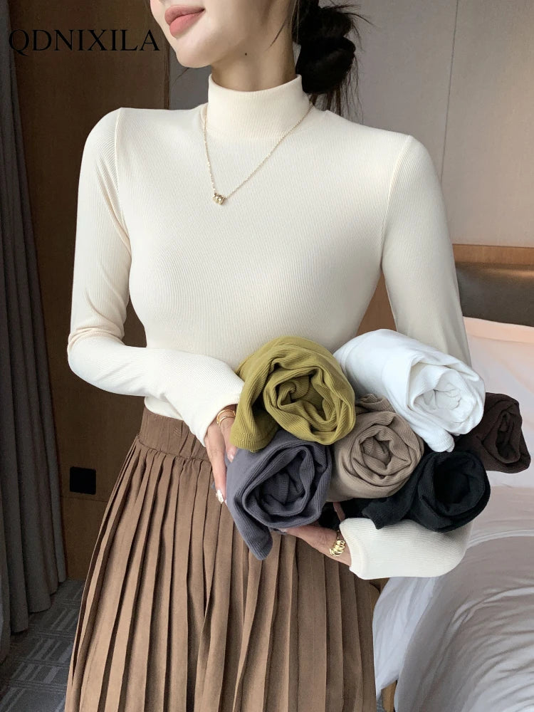 2024 New Women's Knitted Half-Turtleneck Pullover - Elegant Korean Fashion Long-Sleeved Sweater Jumper Tops