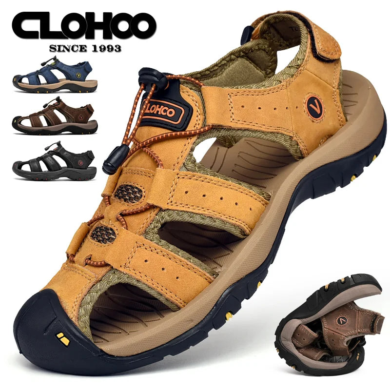 CLOHOO Men's Leather Sandals - Handmade Thick Sole Breathable Slip-On Beach Shoes