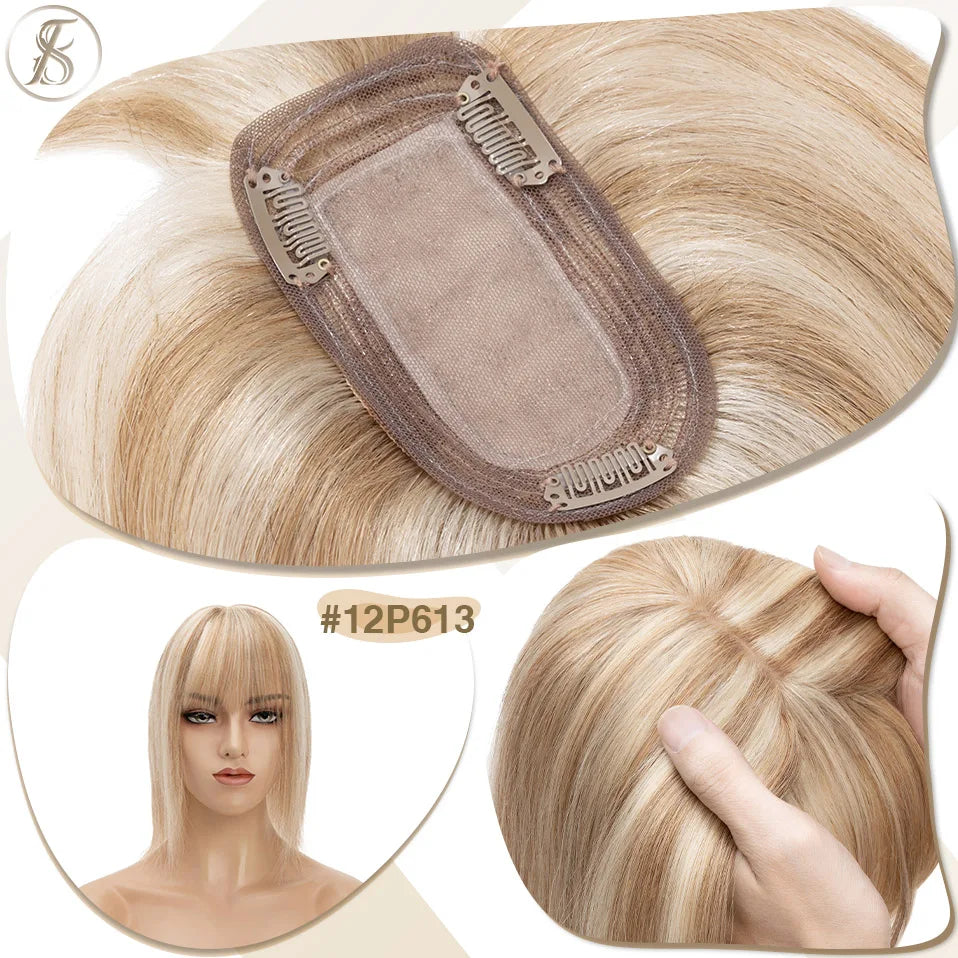 TESS Women Human Hair Topper With Bangs - 7x12.5cm Silk Base Clip In Hair Extension Natural Wigpiece