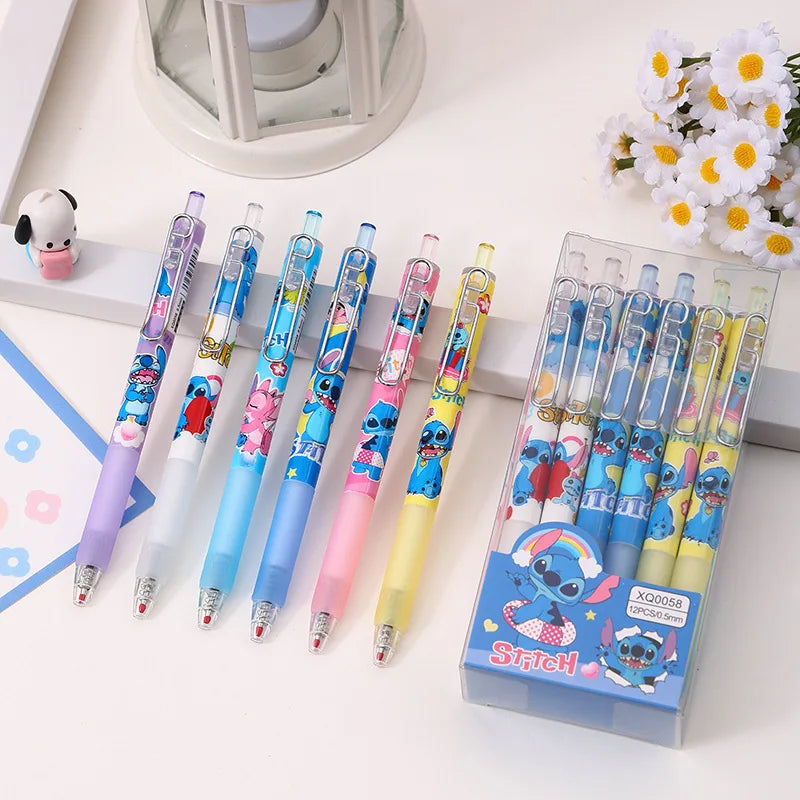 Disney 12pcs Stitch Gel Pens - Cute Cartoon 0.5mm Black Ink Pressing Pen, Stationery Gift for Students & Kids