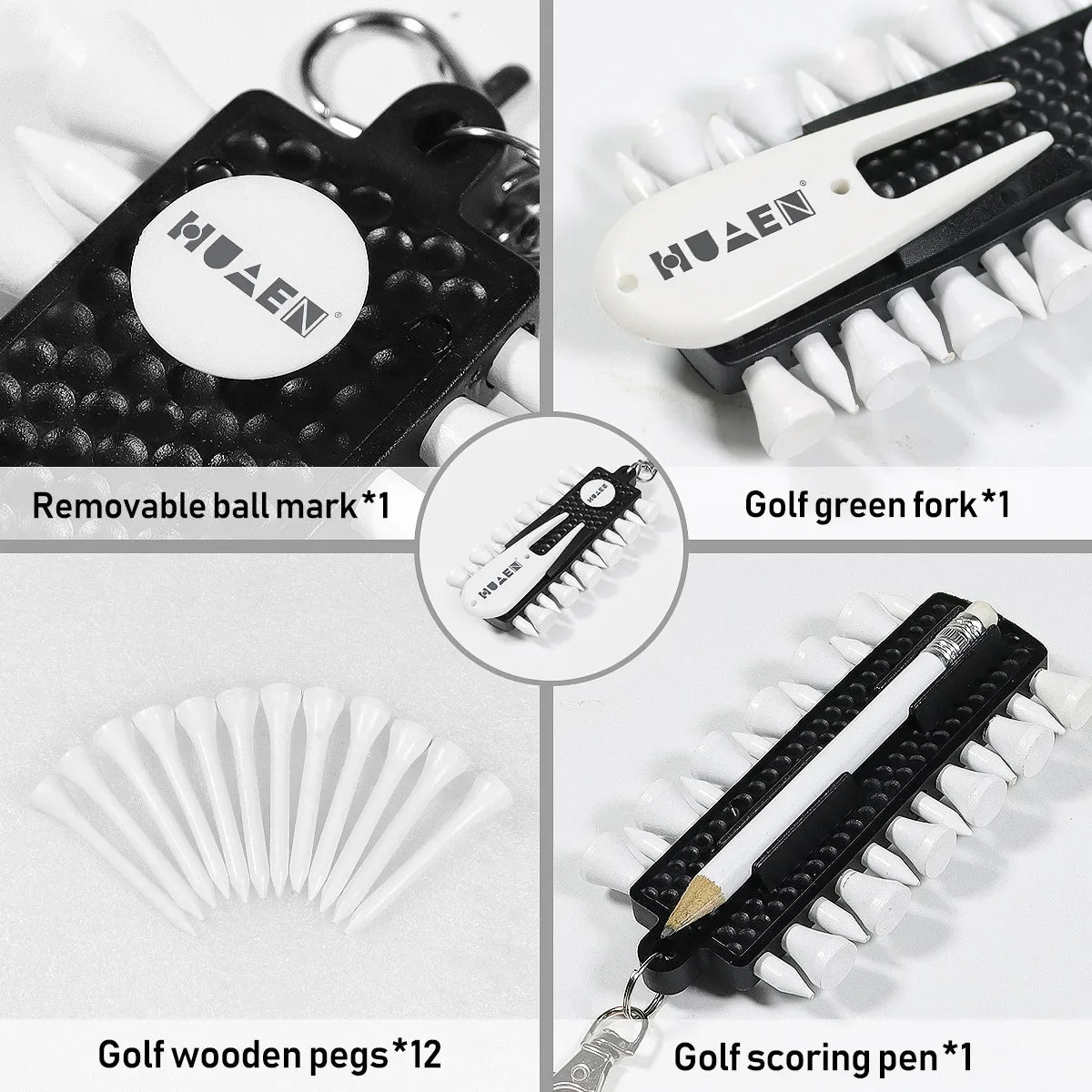 OTAUTAU Portable Golf Tee Rack with 12 Tees, Green Fork & Pencil – Golf Accessory Storage TC001