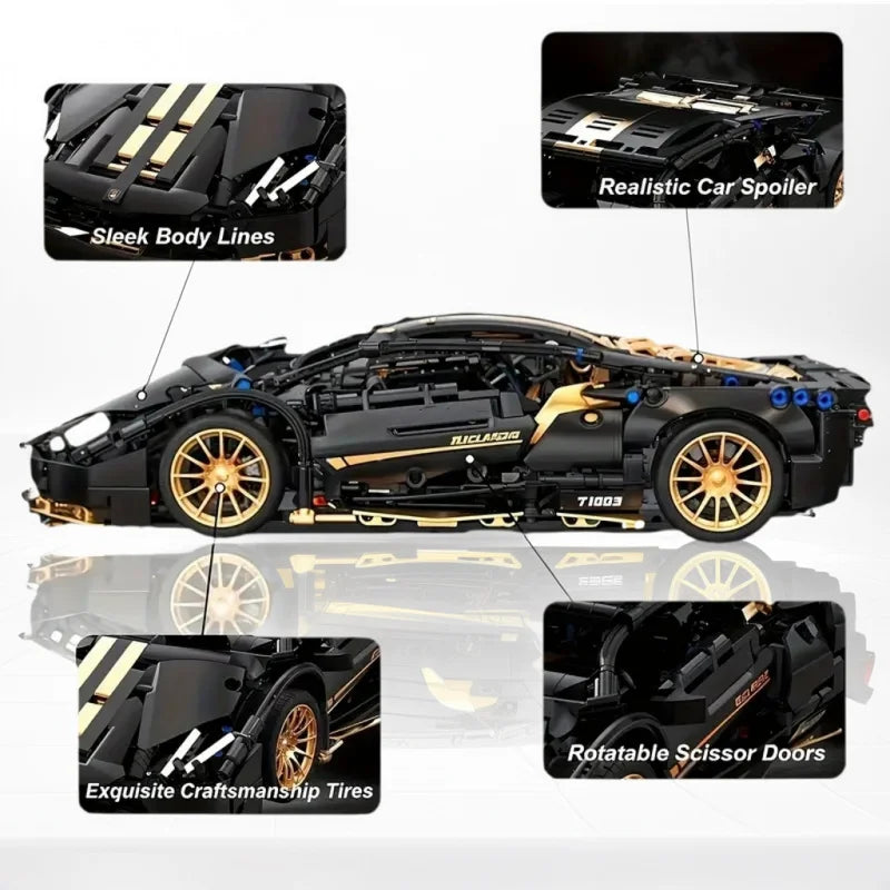 1:14 Scale Black Sports Car Building Block Set for Adults 14+, Collectible DIY Model Car Kit for Home Decoration & Gift Display