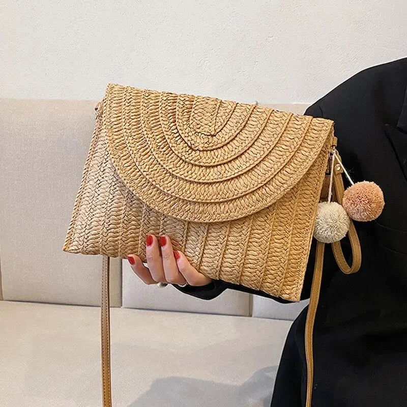 Handmade Straw Beach Bag – Small Woven Summer Shoulder Crossbody Clutch with Hair Ball