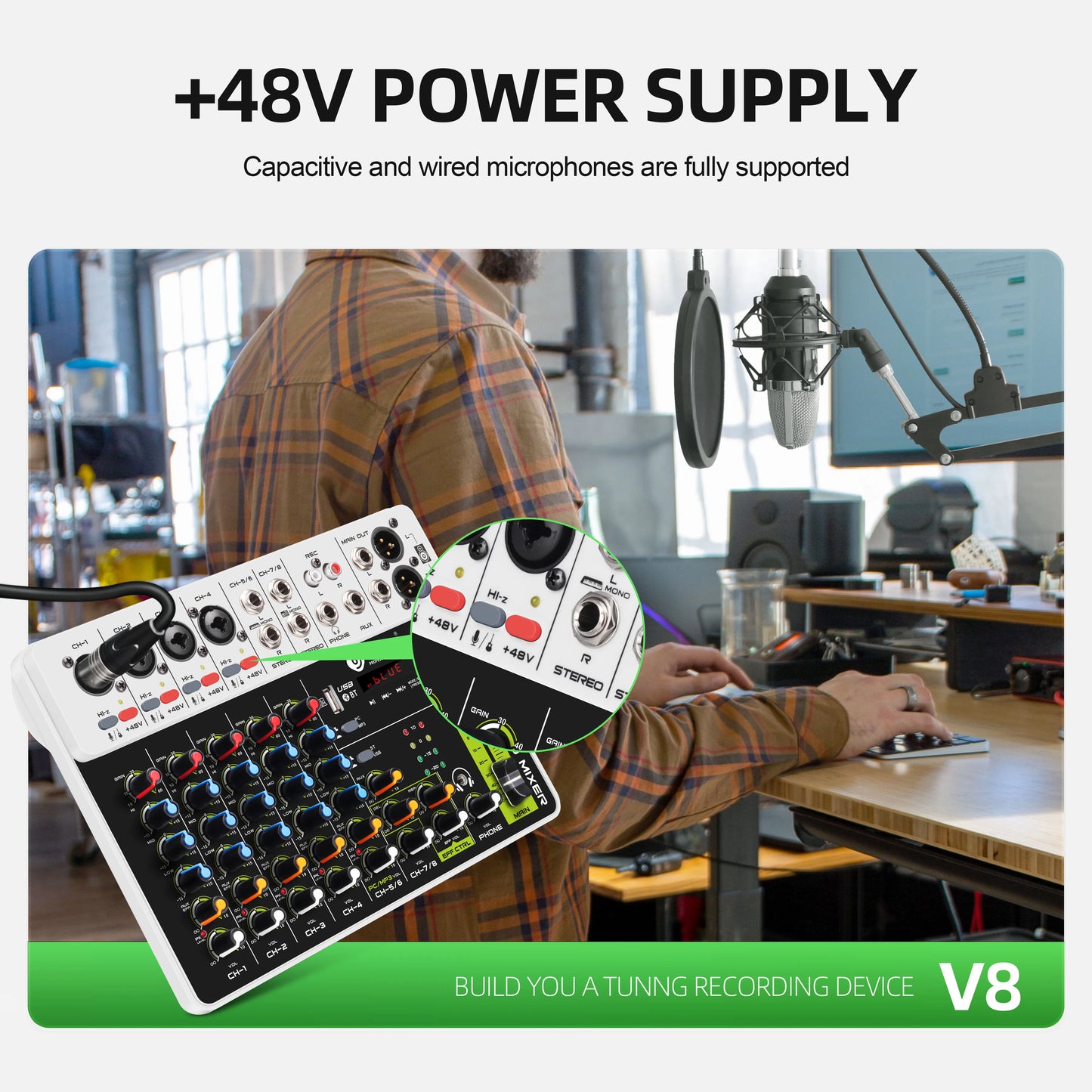 Debra V8 8-Channel Audio Mixer – Bluetooth & USB Mixer with 48V Phantom Power, Delay/Repeat Effects for PC Recording & Sound Console