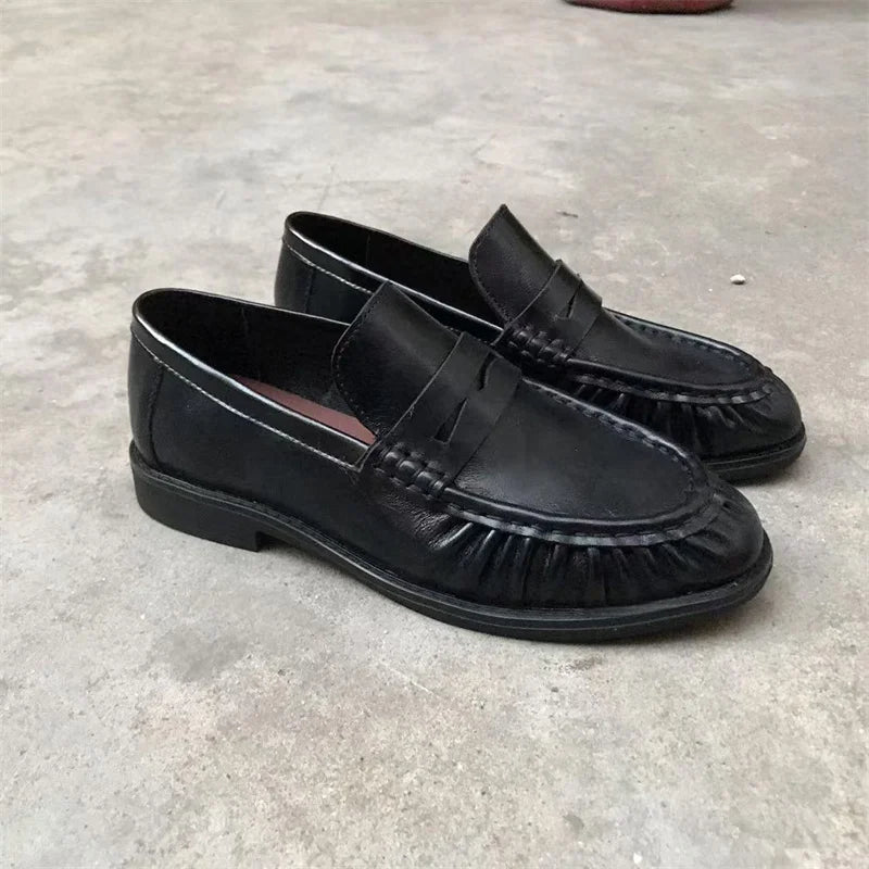 New French Retro Flat Shoes — Handmade Calf Leather, Le Fu Women’s Comfortable Rubber Sole, Casual One-Step Wear