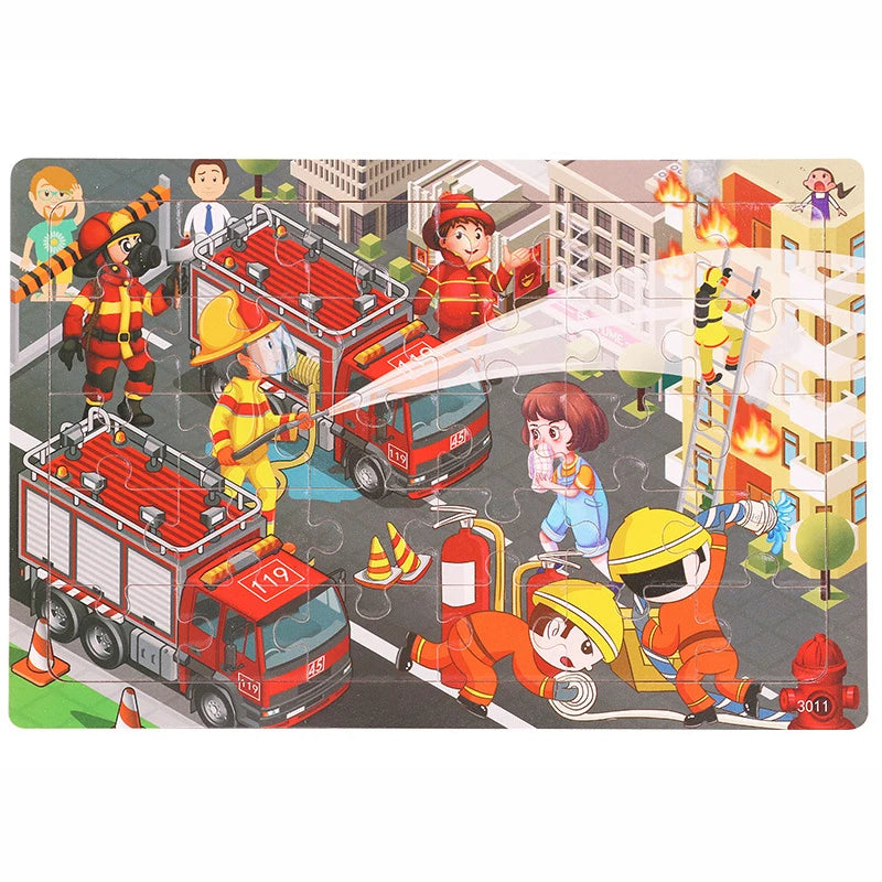 30PCS Wooden Jigsaw Puzzle – Cartoon Animal & Vehicle Educational Toys for Kids