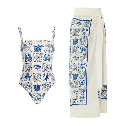 Blue One-Shoulder Ruffle Floral Monokini Swimsuit with Cover Up Sexy One Piece Beach Swimwear for Women Summer