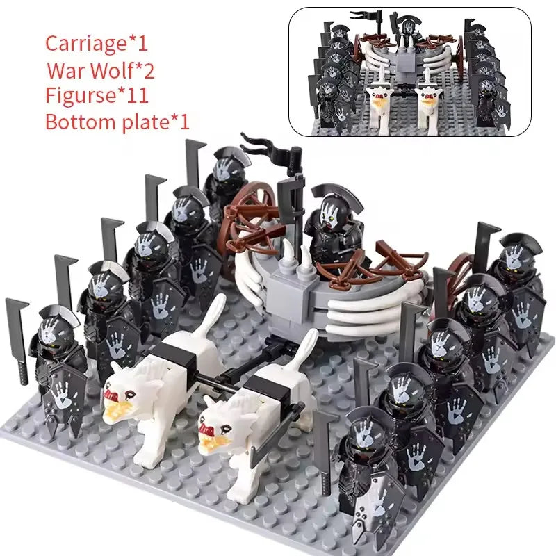 MOC Medieval LOTR Figures — Black Wolves & Mounted Chariots Action Dolls, Assembled Brick Building Blocks Toy