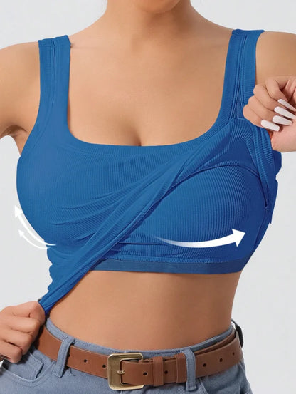 Women's Ribbed One-Piece Tank Top - Built-In Bra Square Neck Slim Fit Summer Bodysuit