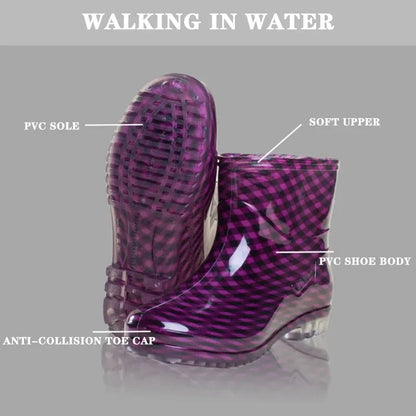 Women’s Black Polka Dot Rain Shoes – Waterproof, Non-Slip PVC Kitchen & Work Short Tube Boots for Summer