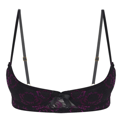 Women's Lace Push-Up Bra - 1/4 Cup Underwire Bralette with Removable Pads & Embroidered Lace Balconette Design