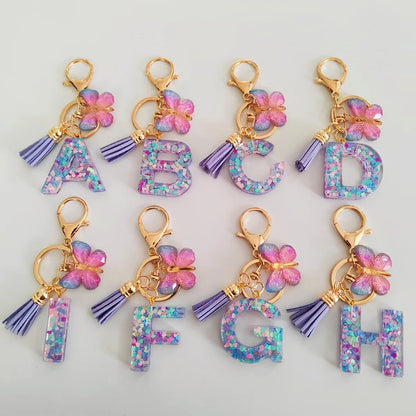 Butterfly Fringe Initial Keychain - Sequin A-Z Letter Bag Charm for Women, Students & Gifts