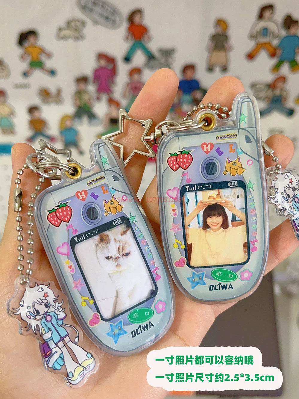 Oliva Acrylic Phone Decoration Keychain — Kawaii Pendant with Photo Frame for 1-Inch Photos, Perfect Birthday Gift