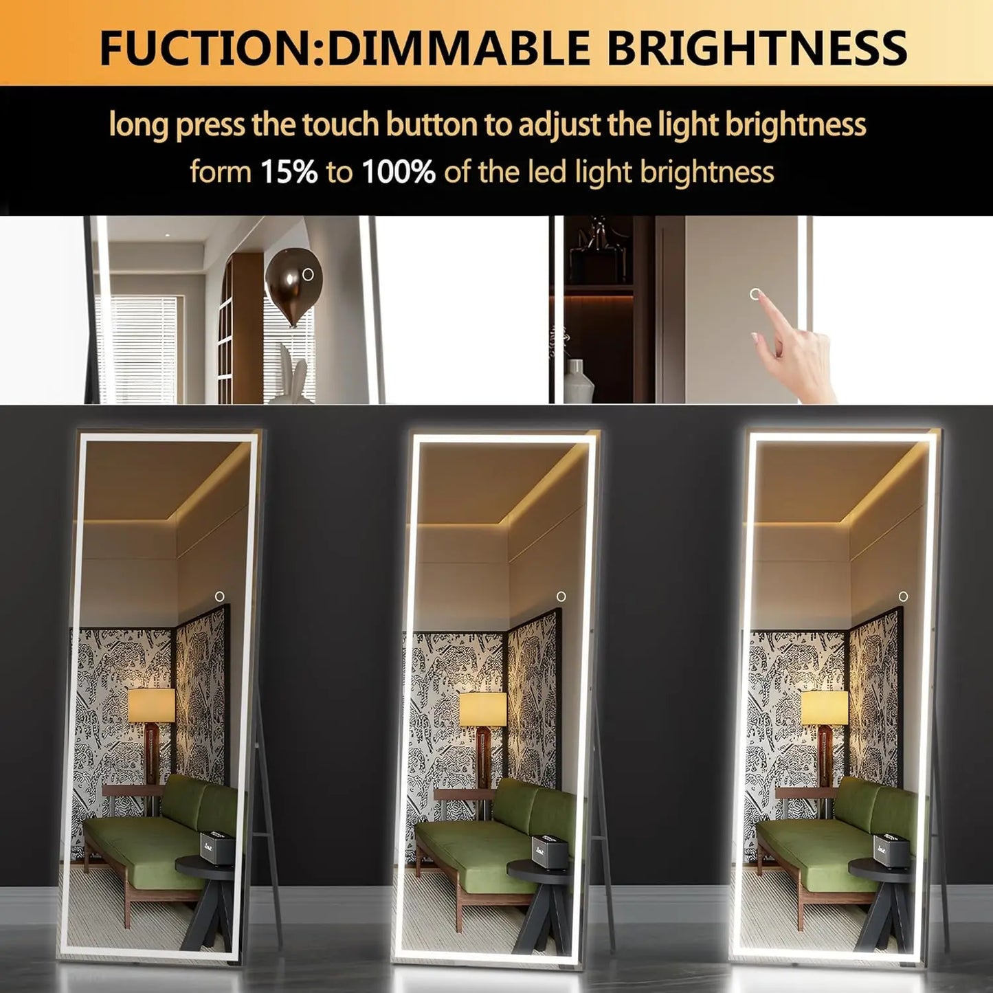 Rizzon LED Full-Length Dressing Mirror — Full-Body Floor & Wall-Mount Mirror for Bedroom, Living Room & Cloakroom
