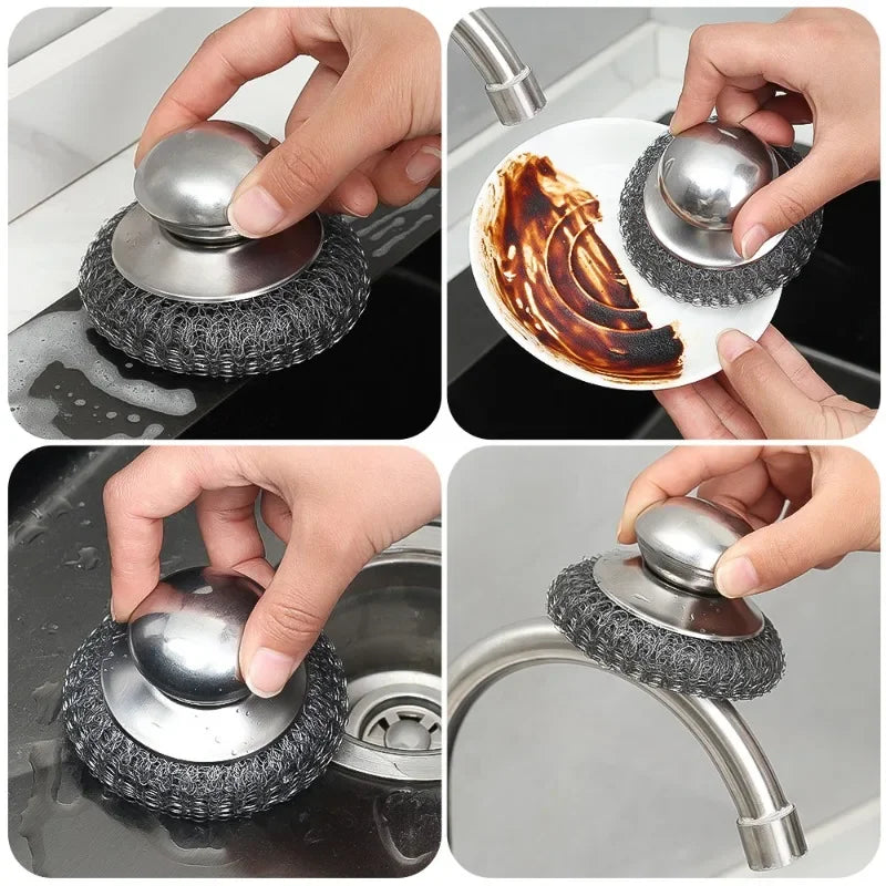 Stainless Steel Pot Brush with Handle – Heavy Duty Dishwashing Wire Ball for Pot & Pan Cleaning (5/1 Pcs)